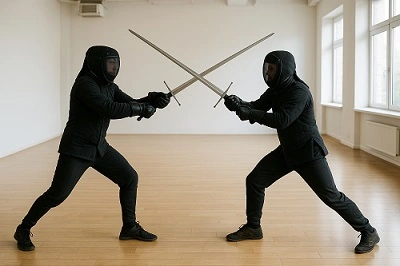 Gli atleti della scherma storica indossano protezioni specifiche, come la maschera e il gambeson.